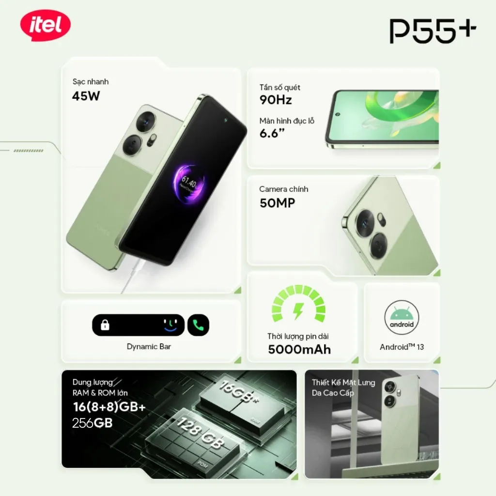Ảnh Điện Thoại Thông Minh Itel P55+ 16GB(8+8)/256GB | Hỗ Trợ NFC  | 5000 mAH | Sạc Nhanh 45W | HD+ 90Hz 1
