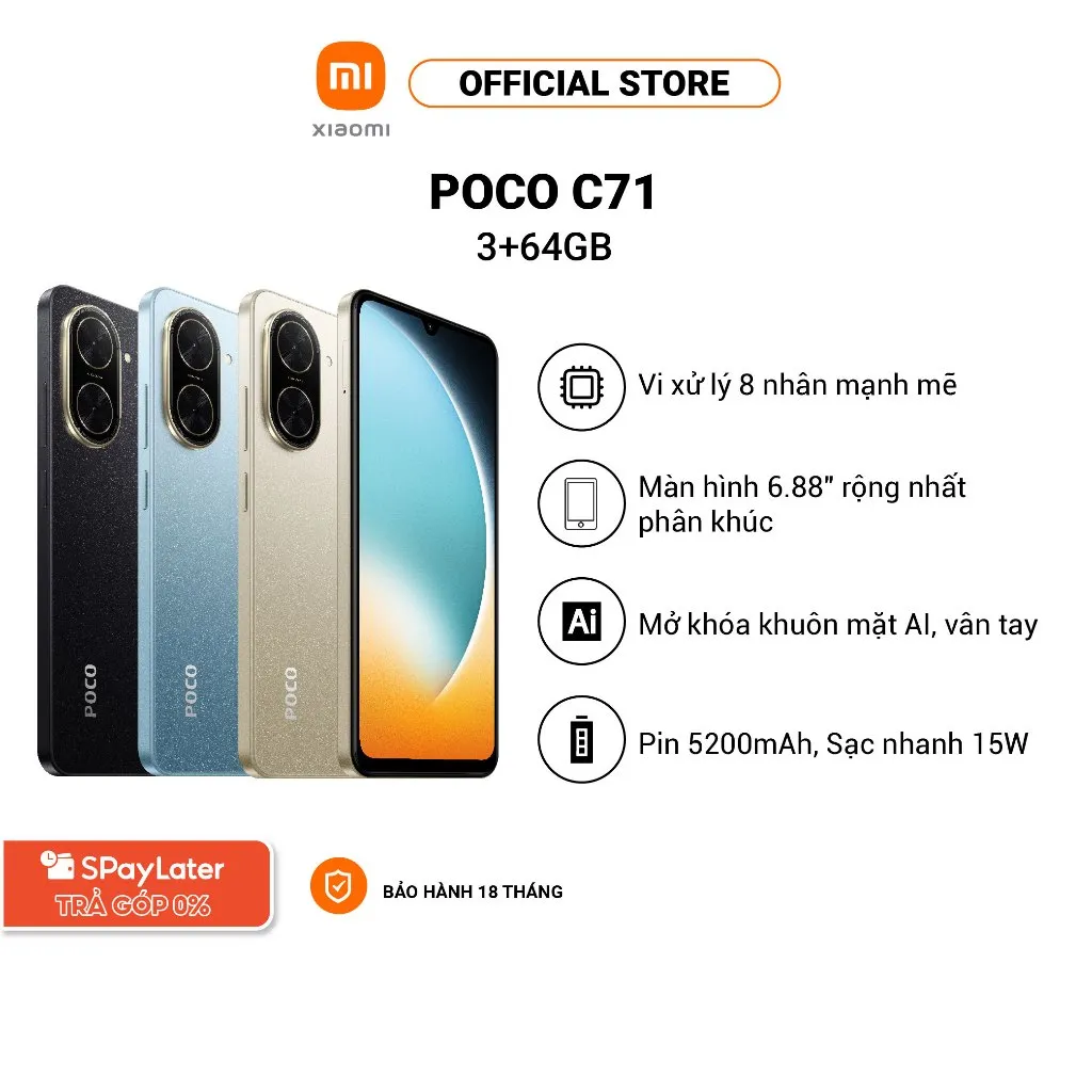 Ảnh Điện Thoại Thông Minh POCO C71 (3+64GB) | Màn 6,88" | Chip 8 nhân | Camera kép 32MP AI | Khóa mặt, vân tay 3