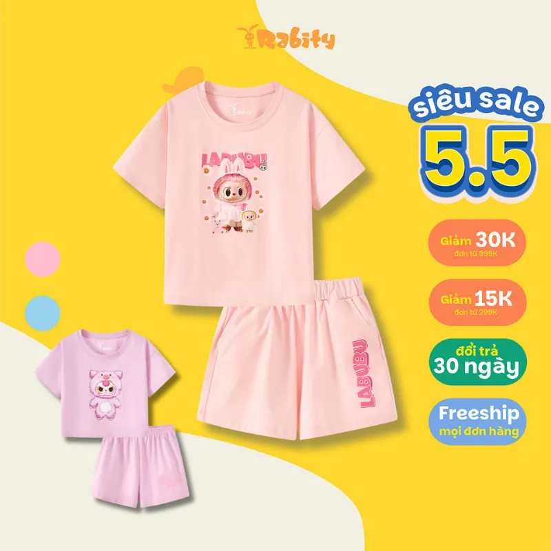 Ảnh Đồ bộ bé gái Rabity ngắn tay cotton in hình labubu Baby Three 960.017 1