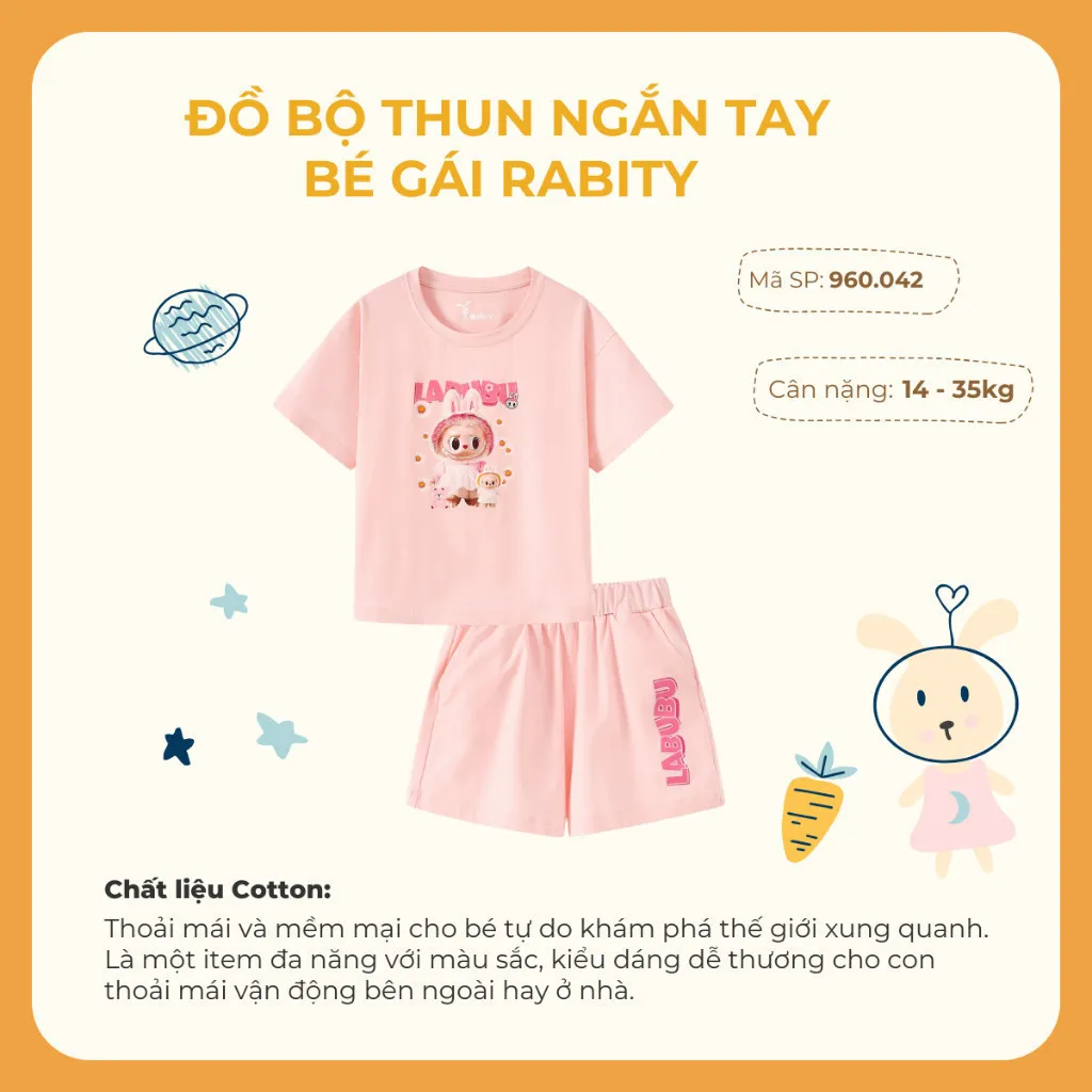 Ảnh Đồ bộ bé gái Rabity ngắn tay cotton in hình labubu Baby Three 960.017 3