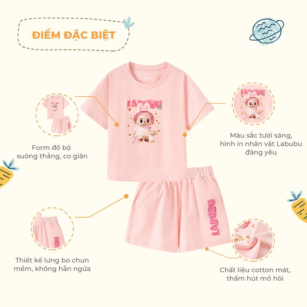 Ảnh Đồ bộ bé gái Rabity ngắn tay cotton in hình labubu Baby Three 960.017 4