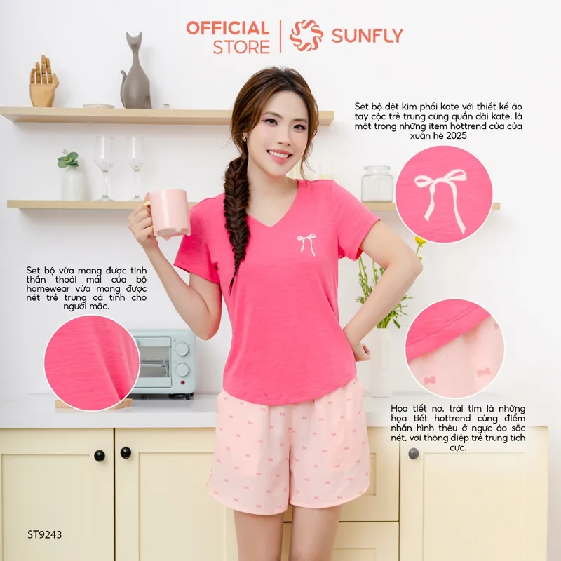 Ảnh Đồ bộ mặc nhà nữ áo cotton SUNFLY cộc tay quần sooc kate ST9243 2