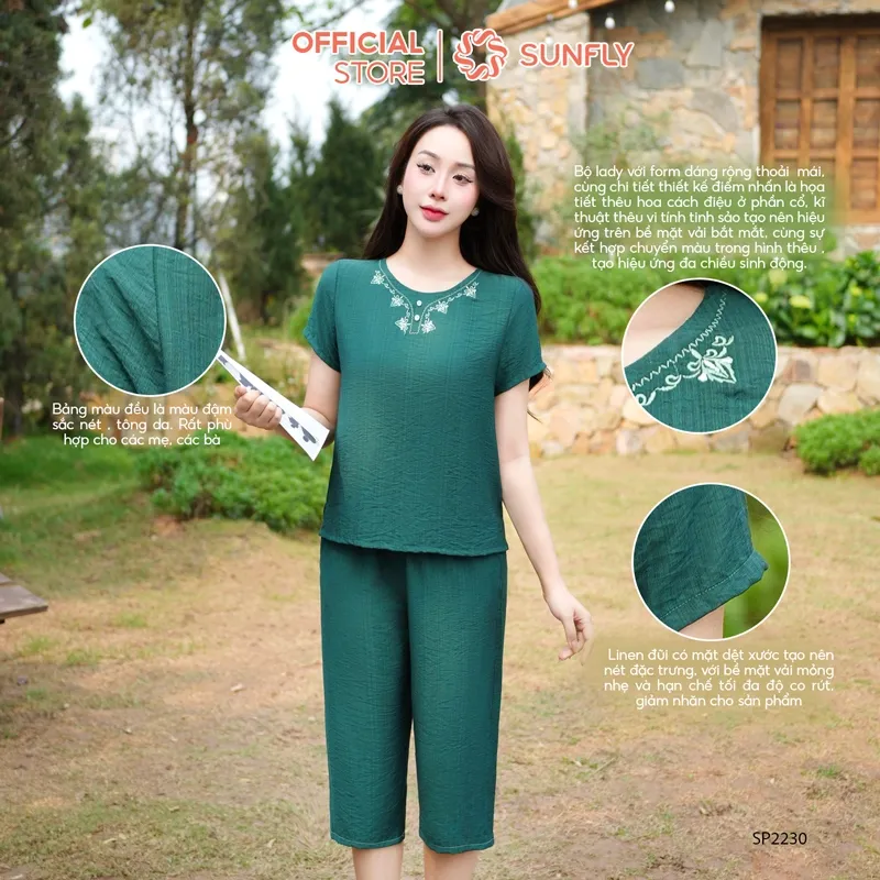 Ảnh Đồ bộ mặc nhà nữ linen SUNFLY áo cộc quần ngố SP2230 1
