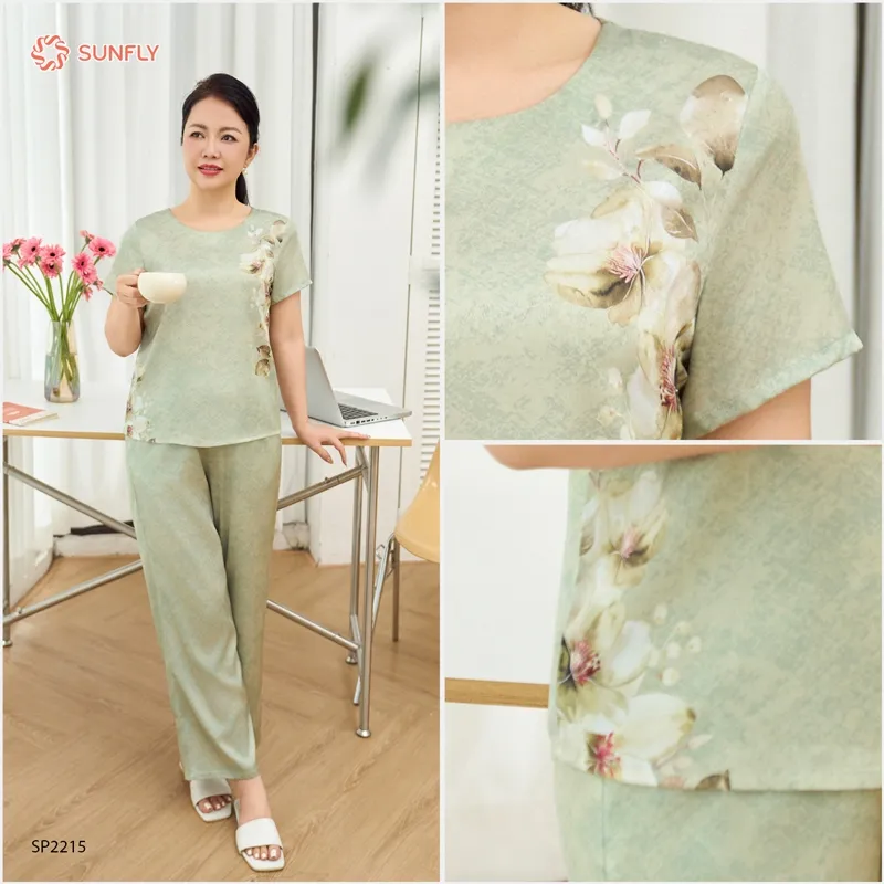 Ảnh Đồ bộ mặc nhà nữ lụa satin jacquard SUNFLY áo cộc quần dài SP2215, bộ lụa trung niên mềm mịn 4