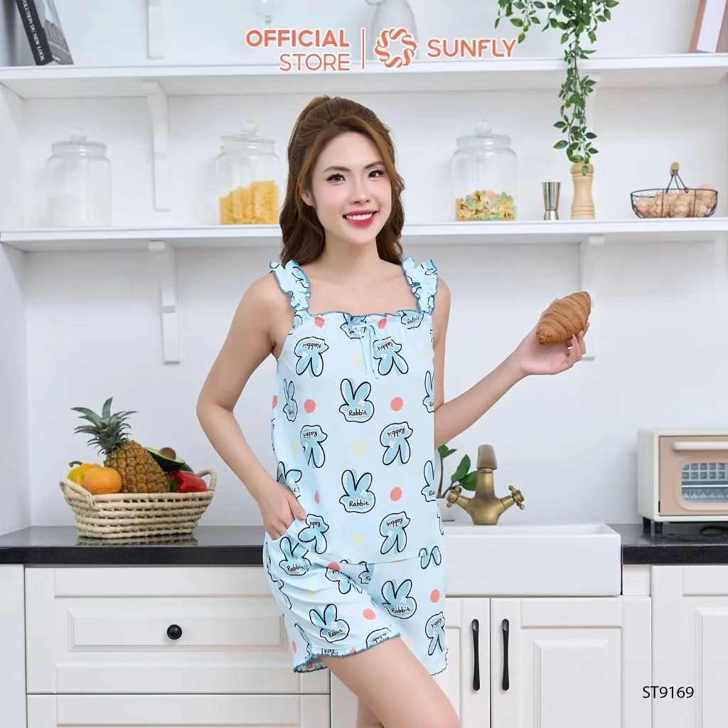 Ảnh Đồ bộ mặc nhà nữ SUNFLY chất lanh lụa ht áo dây bèo quần sooc ST9169 4