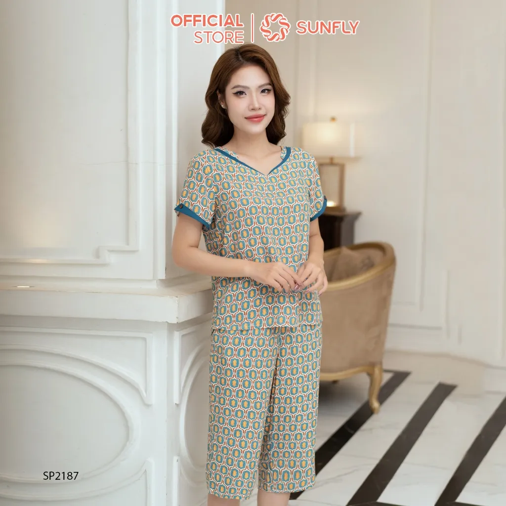 Ảnh Đồ bộ mặc nhà nữ SUNFLY chất lanh lụa họa tiết áo cộc quần ngố SP2187 4