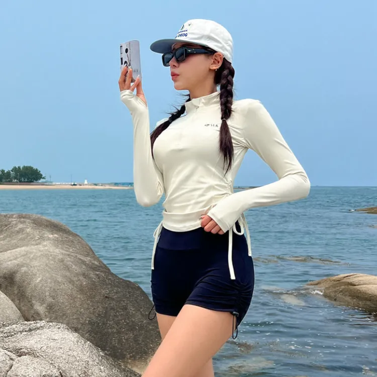 Ảnh Đồ bơi nữ 2 mảnh áo quần đi biển dáng short đùi tay dài chống nắng kín cổ khoá kéo che nắng 3097 D5T3 1