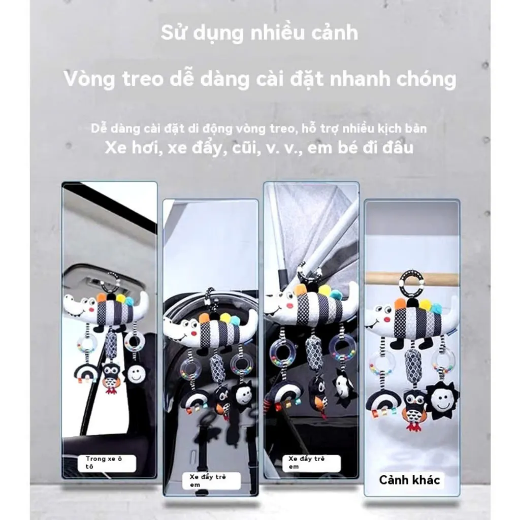 Ảnh Đồ Chơi Treo Nôi Cho Bé, Đồ Chơi Lắc Nhạc Vải Nhồi Hình Thú Đen Trắng (Cá Sấu, Sâu) 1