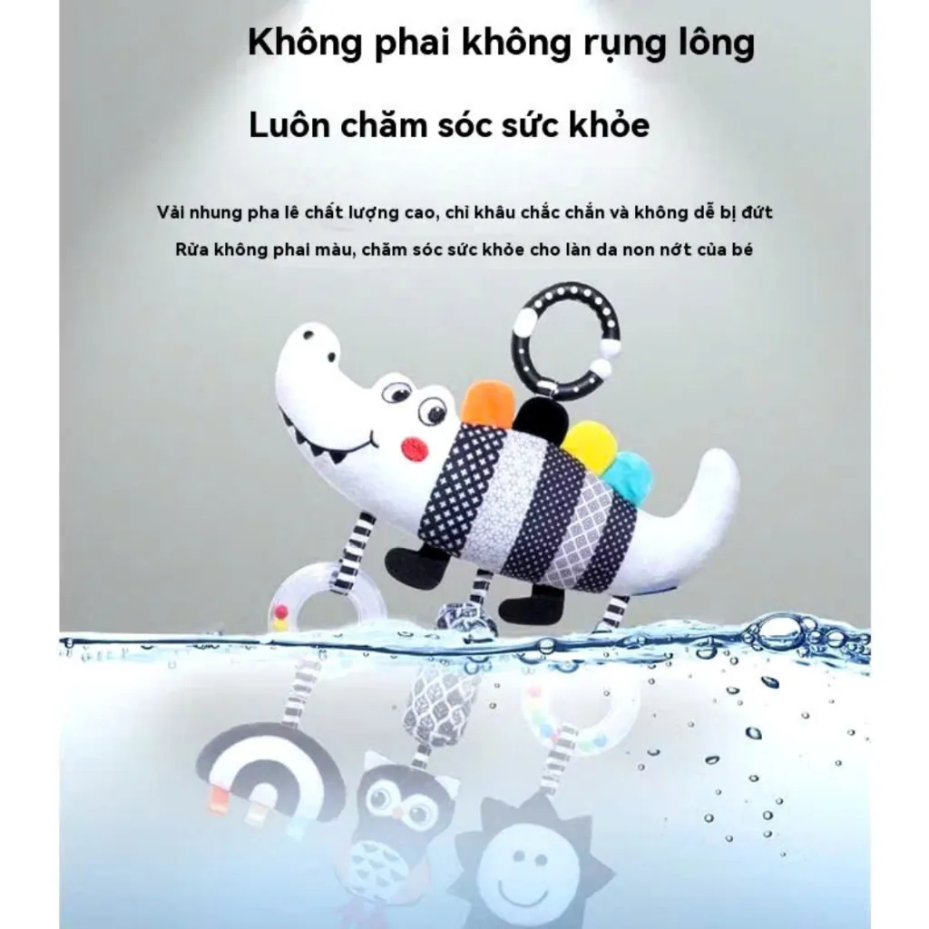 Ảnh Đồ Chơi Treo Nôi Cho Bé, Đồ Chơi Lắc Nhạc Vải Nhồi Hình Thú Đen Trắng (Cá Sấu, Sâu) 2