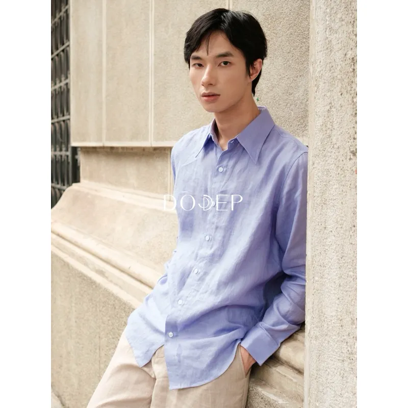 Ảnh DODEP Áo sơmi mi nam 100% linen premium tay dài màu tím Lavender 1