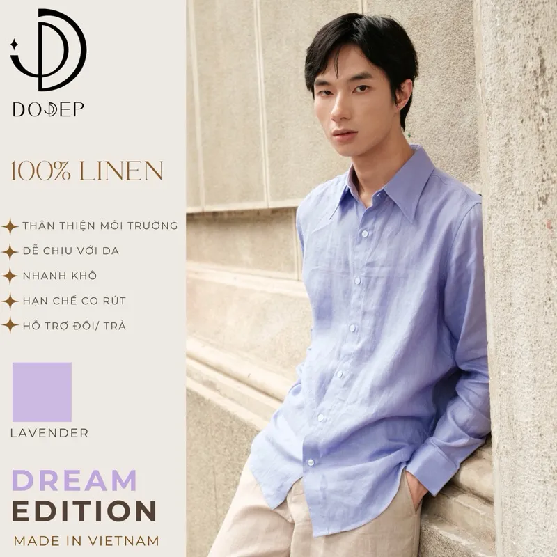 Ảnh DODEP Áo sơmi mi nam 100% linen premium tay dài màu tím Lavender 2