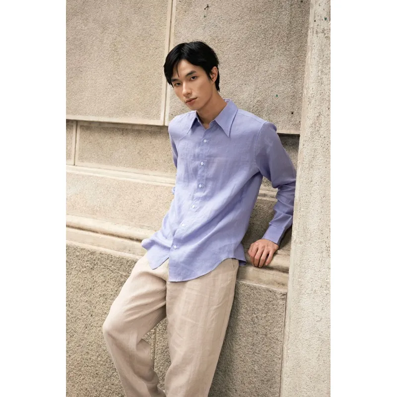 Ảnh DODEP Áo sơmi mi nam 100% linen premium tay dài màu tím Lavender 4