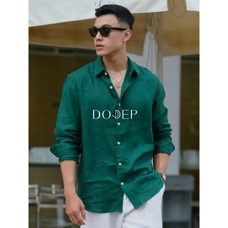 Ảnh DODEP Áo sơmi nam 100% linen premium tay dài màu xanh thông 1