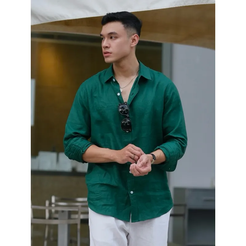 Ảnh DODEP Áo sơmi nam 100% linen premium tay dài màu xanh thông 2