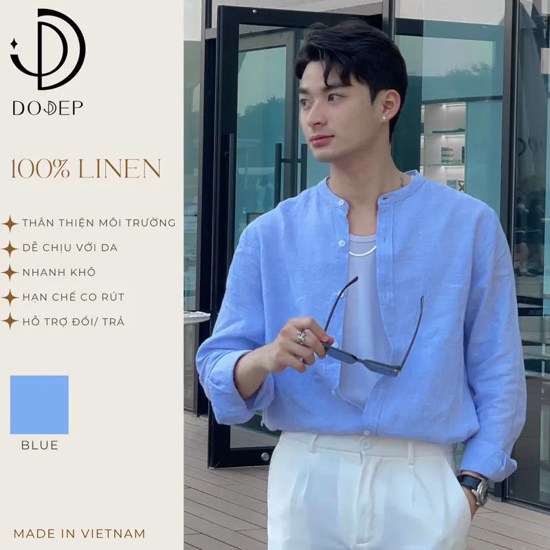 Ảnh DODEP Áo sơmi nam 100% linen premium tay dài cổ trụ màu xanh biển 1