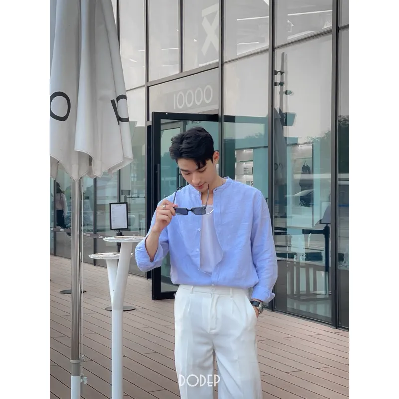 Ảnh DODEP Áo sơmi nam 100% linen premium tay dài cổ trụ màu xanh biển 2