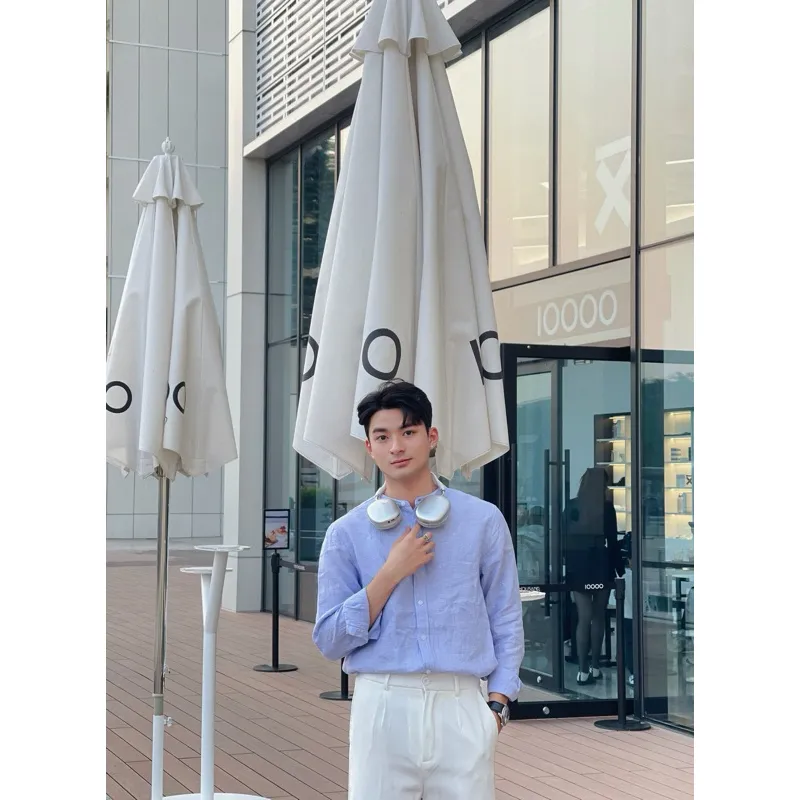Ảnh DODEP Áo sơmi nam 100% linen premium tay dài cổ trụ màu xanh biển 4