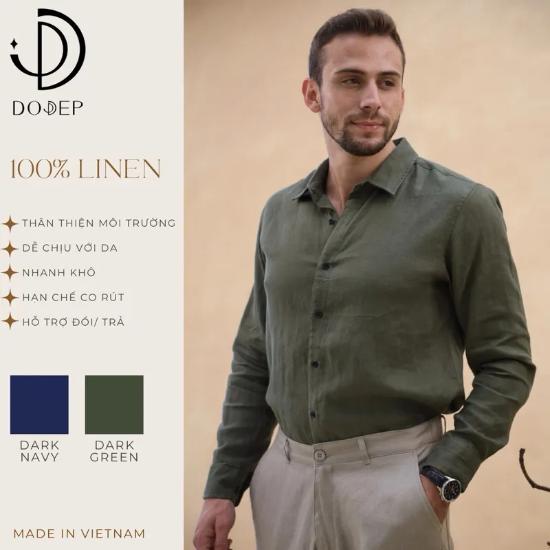 Ảnh DODEP Áo sơmi nam 100% linen premium màu xanh navy, xanh rêu đậm 1