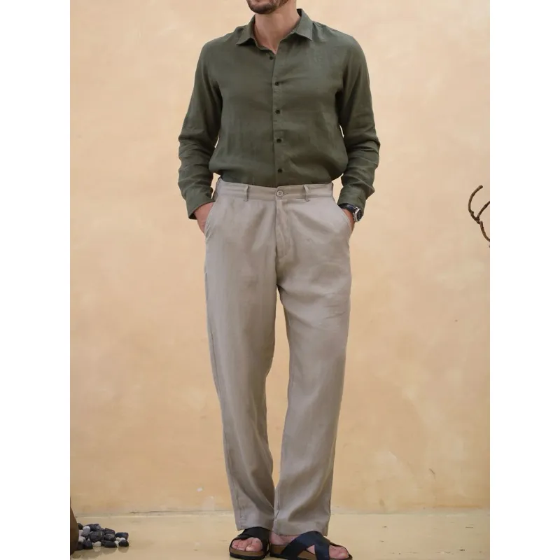 Ảnh DODEP Áo sơmi nam 100% linen premium màu xanh navy, xanh rêu đậm 3