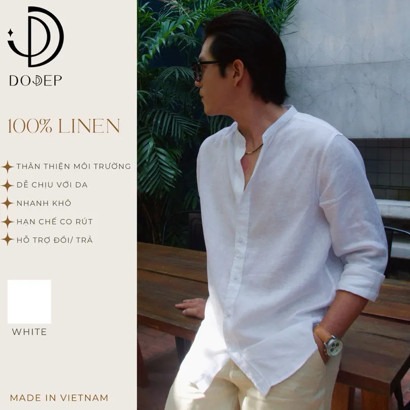 Ảnh DODEP Áo sơmi nam 100% linen premium tay dài cổ trụ màu trắng 1