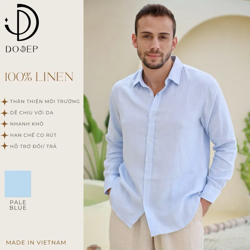 Ảnh DODEP Áo sơmi nam 100% linen premium tay dài màu xanh da trời 1