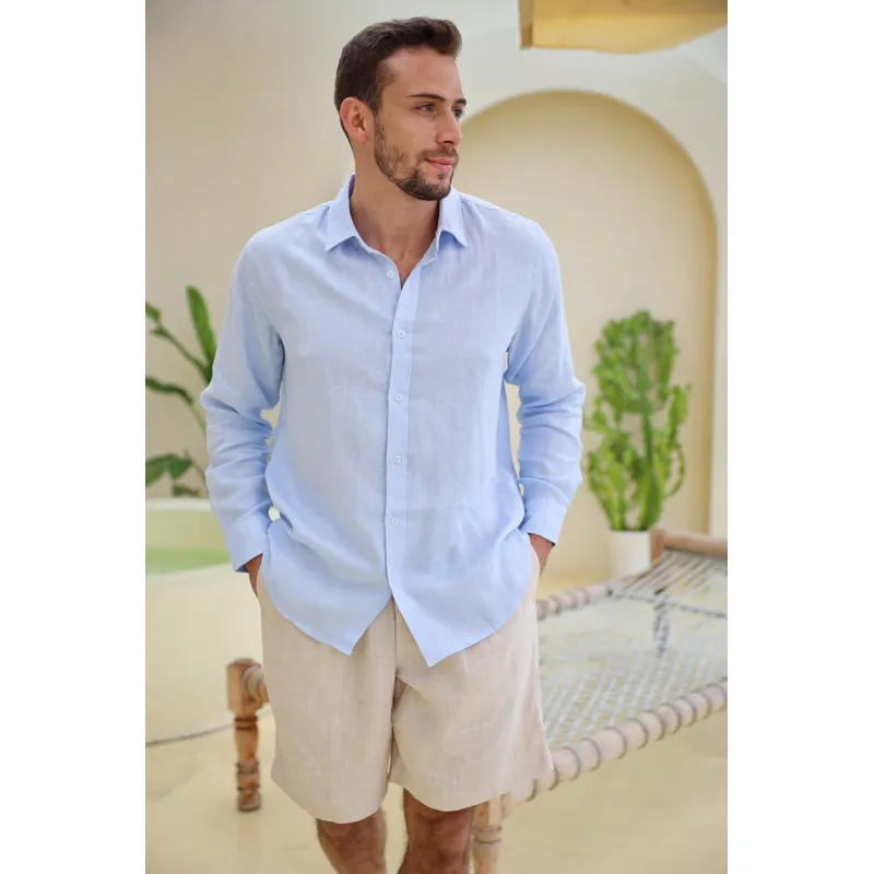 Ảnh DODEP Áo sơmi nam 100% linen premium tay dài màu xanh da trời 2