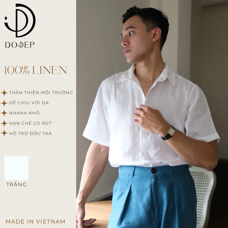 Ảnh DODEP Áo sơmi nam 100% linen premium tay ngắn màu trắng 1