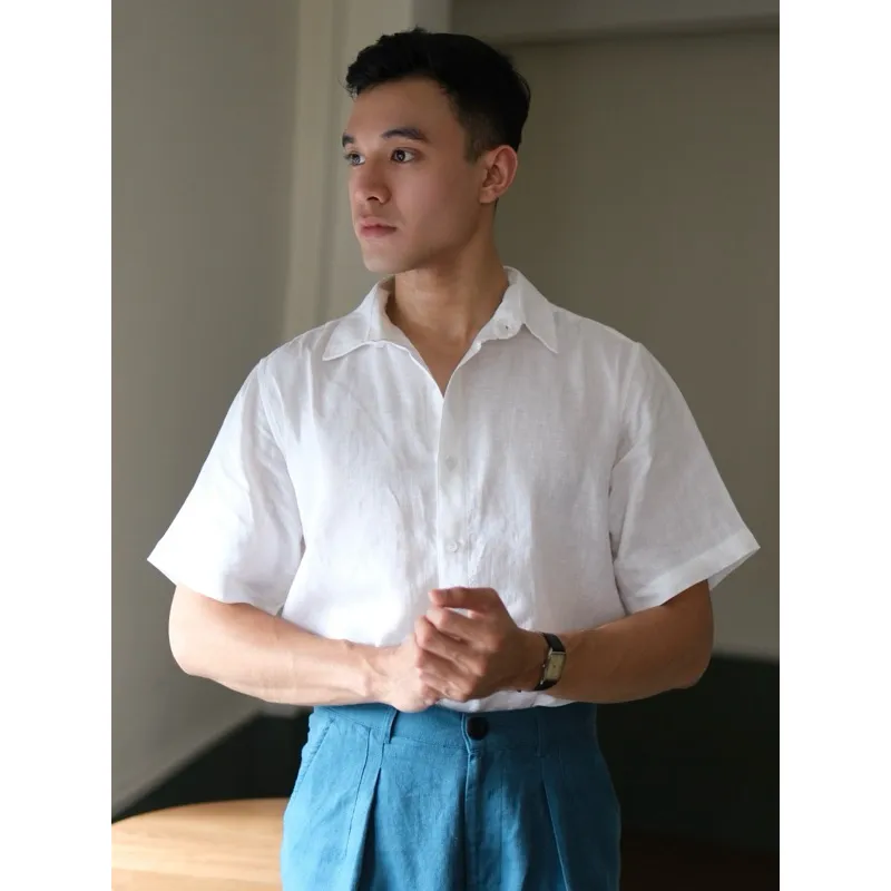 Ảnh DODEP Áo sơmi nam 100% linen premium tay ngắn màu trắng 2