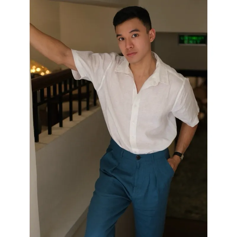 Ảnh DODEP Áo sơmi nam 100% linen premium tay ngắn màu trắng 3