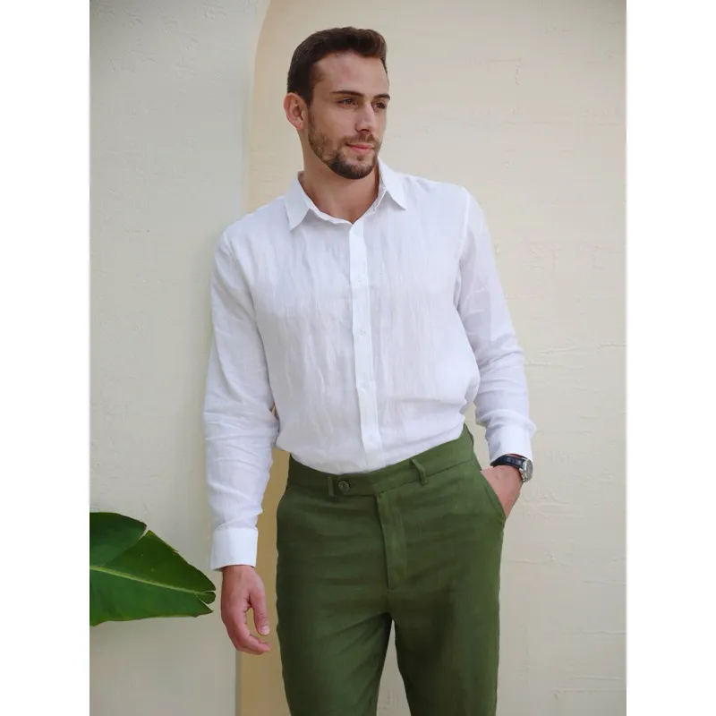 Ảnh DODEP Áo sơmi nam 100% linen premium tay dài màu trắng 2