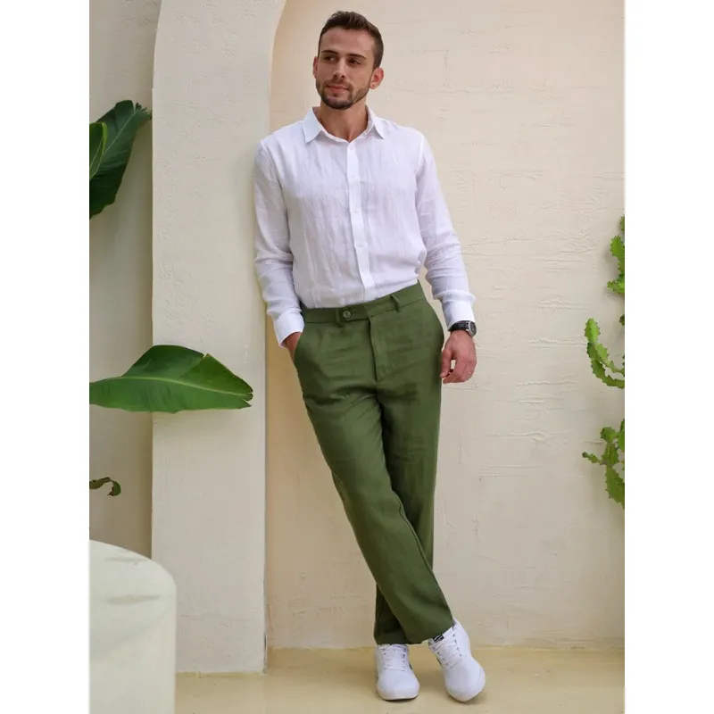 Ảnh DODEP Áo sơmi nam 100% linen premium tay dài màu trắng 4