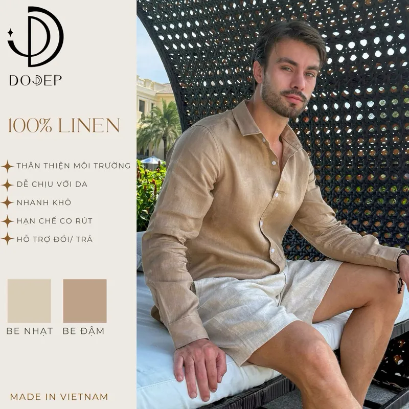 Ảnh DODEP Áo Sơmi nam 100% linen premium tay dài màu be 1