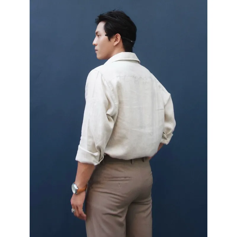 Ảnh DODEP Áo Sơmi nam 100% linen premium tay dài màu be 4