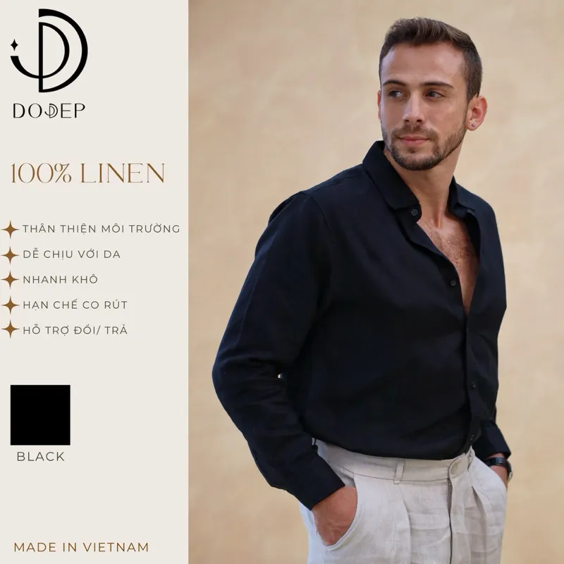 Ảnh DODEP Áo sơmi nam 100% linen premium tay dài màu đen 1