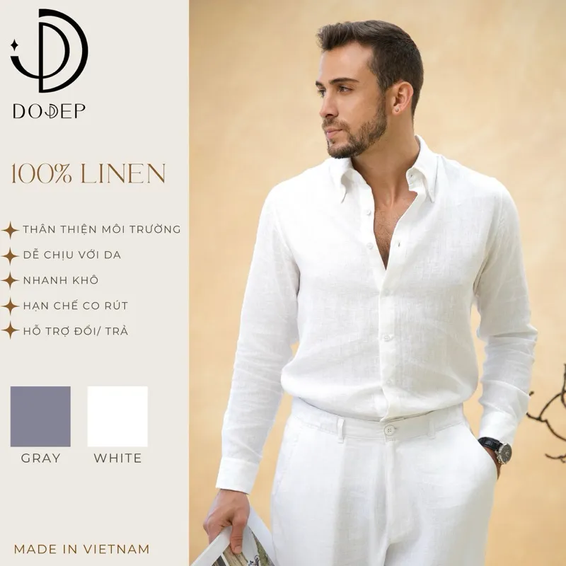 Ảnh DODEP Áo sơmi nam 100% linen premium cổ button-downed tay dài màu xám, trắng 1