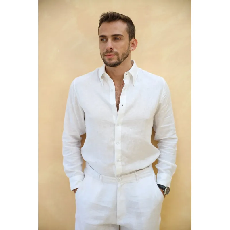 Ảnh DODEP Áo sơmi nam 100% linen premium cổ button-downed tay dài màu xám, trắng 2