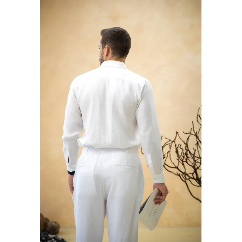 Ảnh DODEP Áo sơmi nam 100% linen premium cổ button-downed tay dài màu xám, trắng 3
