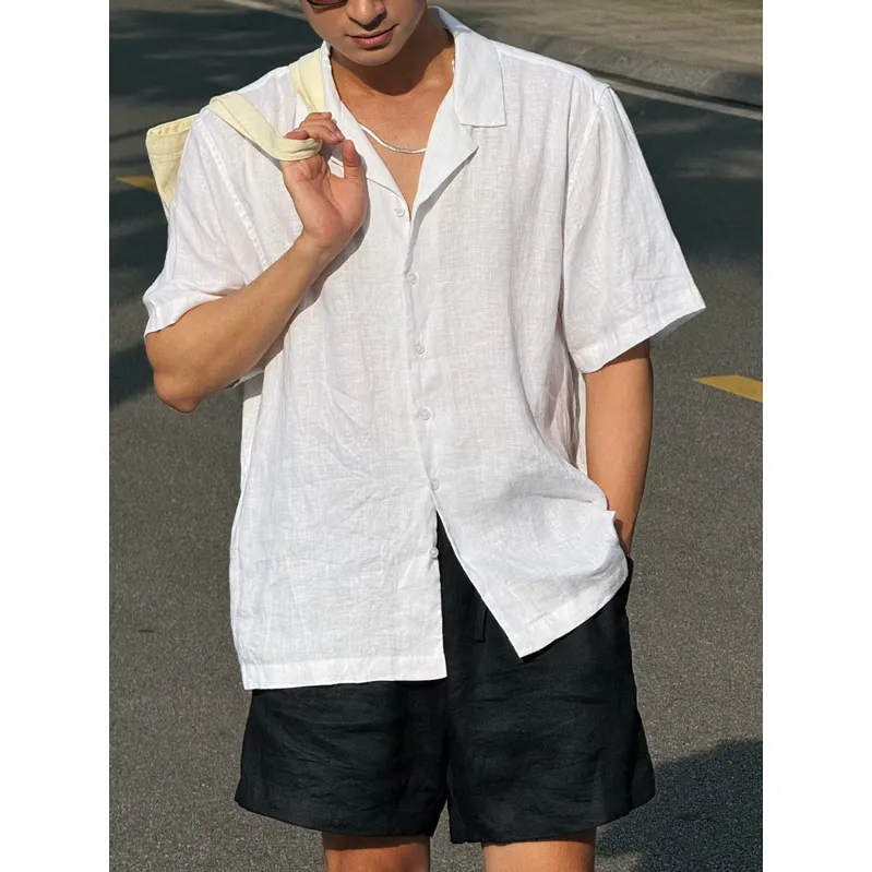 Ảnh DODEP Áo sơmi nam cổ cuban 100% linen premium tay ngắn màu trắng, đen 2