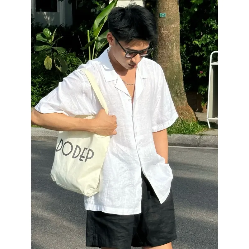 Ảnh DODEP Áo sơmi nam cổ cuban 100% linen premium tay ngắn màu trắng, đen 4