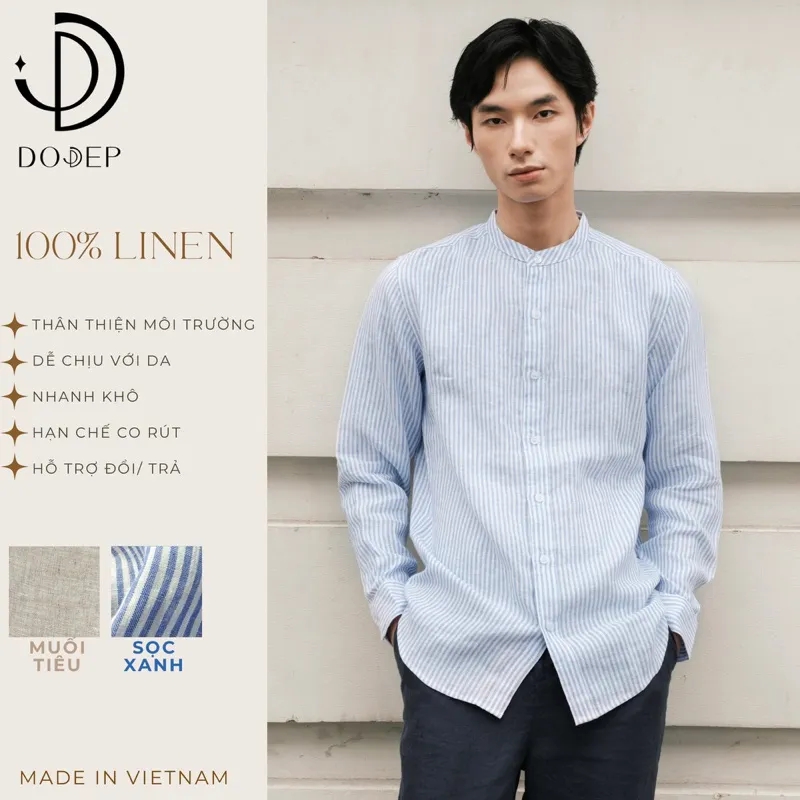 Ảnh DODEP Áo sơmi nam cổ trụ 100% linen cao cấp tay dài 1