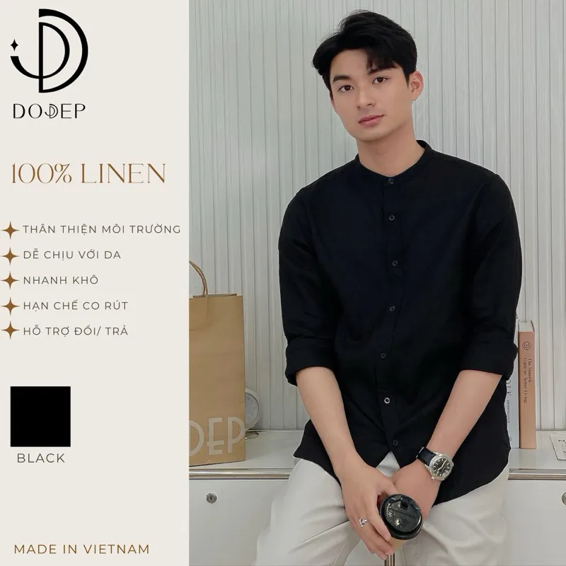 Ảnh DODEP Áo sơmi nam cổ trụ 100% linen premium tay dài màu đen 1