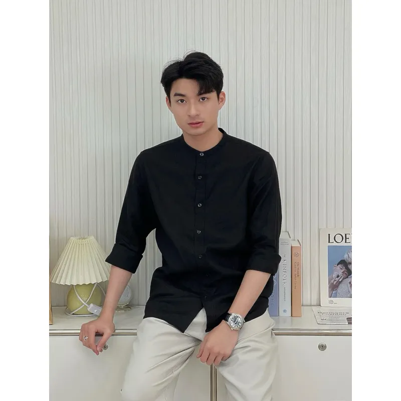 Ảnh DODEP Áo sơmi nam cổ trụ 100% linen premium tay dài màu đen 2