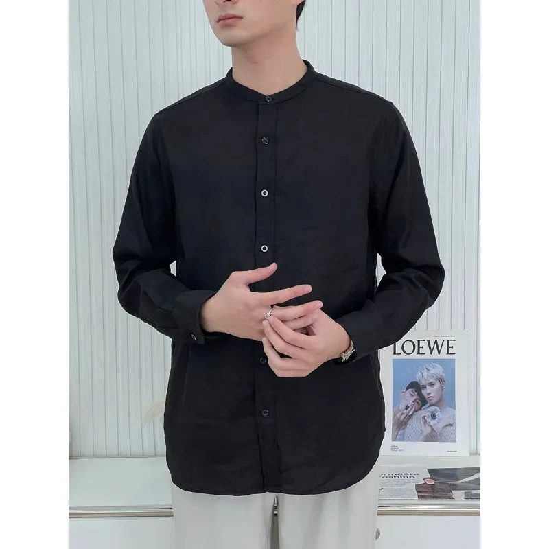 Ảnh DODEP Áo sơmi nam cổ trụ 100% linen premium tay dài màu đen 3