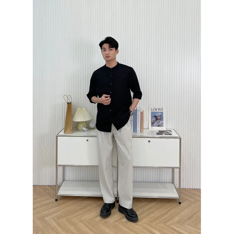 Ảnh DODEP Áo sơmi nam cổ trụ 100% linen premium tay dài màu đen 4