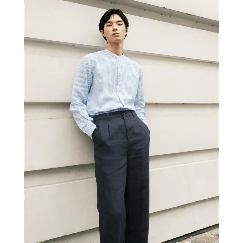 Ảnh DODEP Áo sơmi nam cổ trụ 100% linen cao cấp tay dài 3