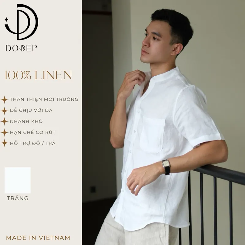 Ảnh DODEP Áo sơmi nam cổ trụ 100% linen premium tay ngắn 1
