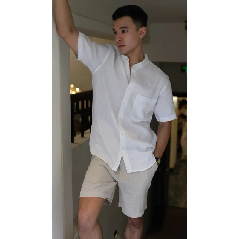 Ảnh DODEP Áo sơmi nam cổ trụ 100% linen premium tay ngắn 3