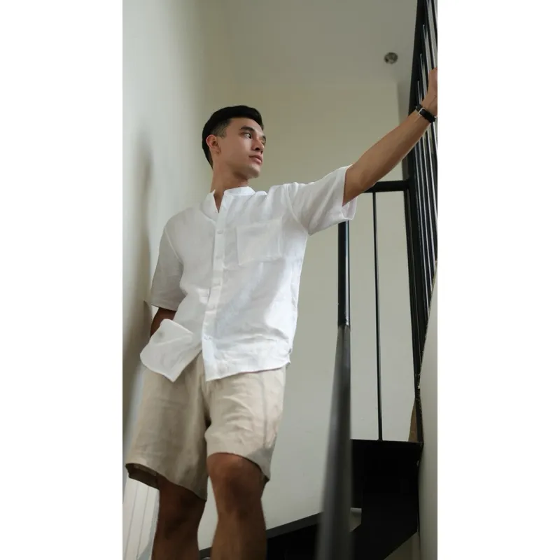 Ảnh DODEP Áo sơmi nam cổ trụ 100% linen premium tay ngắn 4