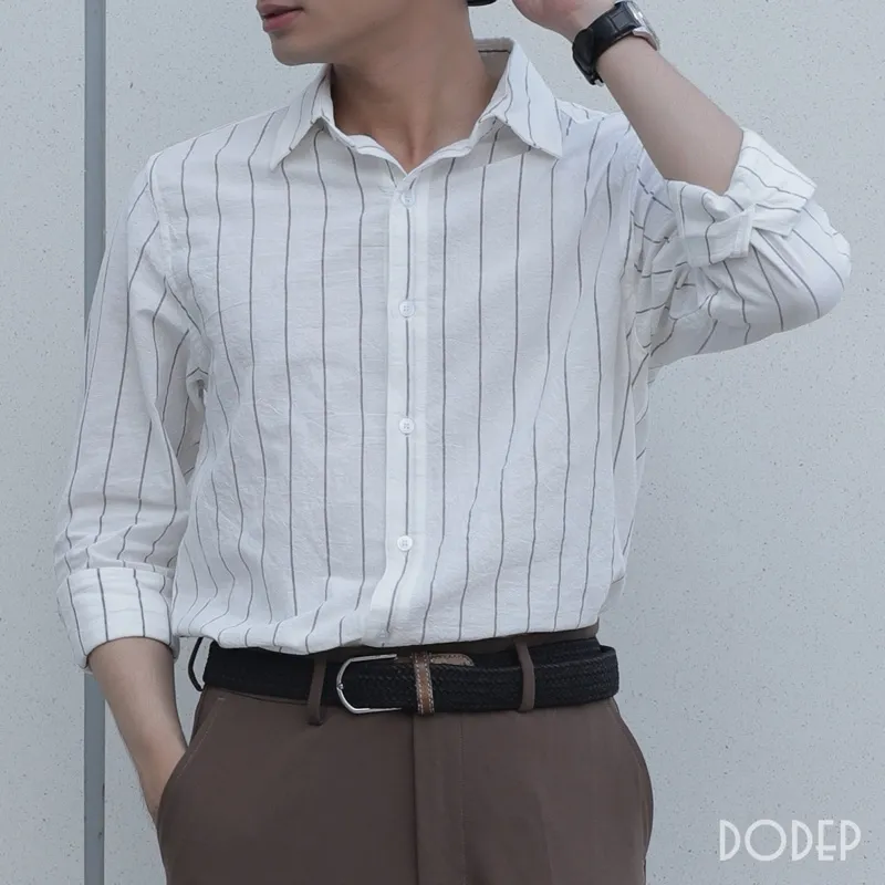 Ảnh DODEP Áo sơmi nam linen cotton tay dài kẻ sọc relaxed fit 2
