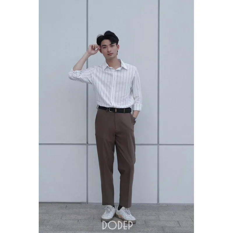 Ảnh DODEP Áo sơmi nam linen cotton tay dài kẻ sọc relaxed fit 3